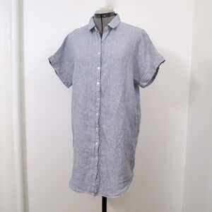 Tahari 100% Linen Button Down Seersucker Blue Stripe Shirt Dress Coverup size S